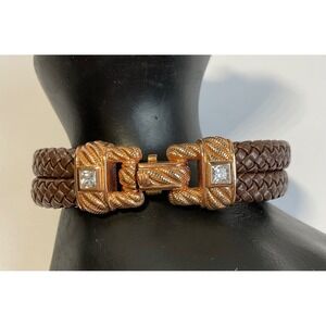 Judith Ripka Brown Braided Leather Rose Gold 925 Silver CZ Bracelet Average